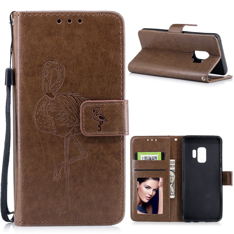 For Samsung Galaxy S9 Imprinted Flamingo Pattern Leather Mobile Cover Case with Lanyard - Coffee-1