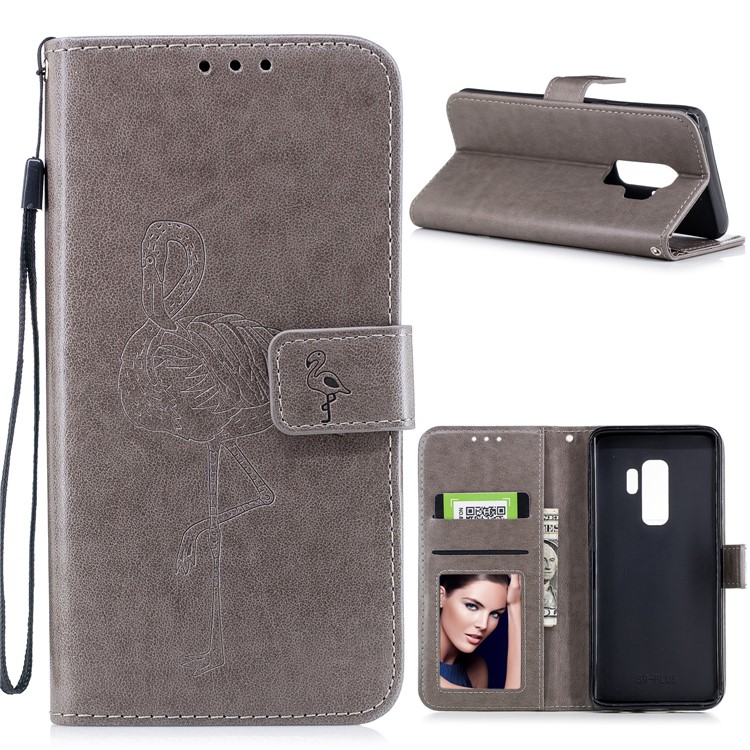 For Samsung Galaxy S9 Plus Imprinted Flamingo Pattern Leather Magnetic Cover with Strap - Grey-1