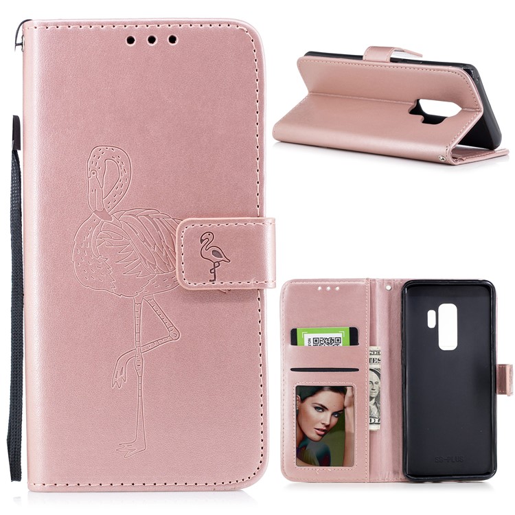 For Samsung Galaxy S9+ Imprinted Flamingo Pattern Leather Phone Case with Lanyard - Rose Gold-1