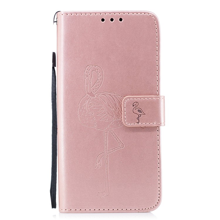 For Samsung Galaxy S9+ Imprinted Flamingo Pattern Leather Phone Case with Lanyard - Rose Gold-2