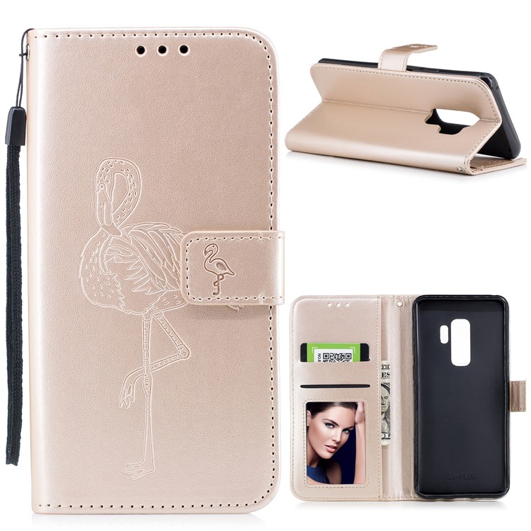 For Samsung Galaxy S9+ Imprinted Flamingo Pattern Leather Mobile Cover with Strap - Gold-1