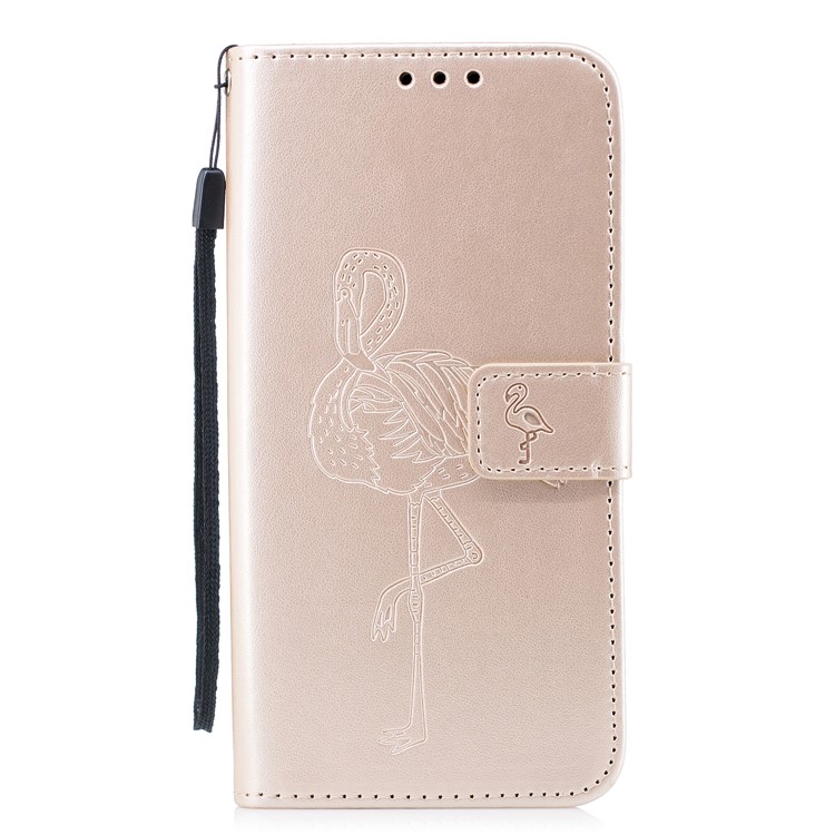 For Samsung Galaxy S9+ Imprinted Flamingo Pattern Leather Mobile Cover with Strap - Gold-2