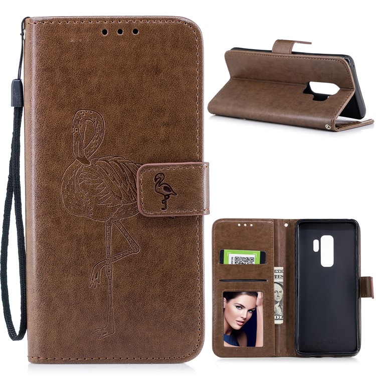 Imprinted Flamingo Pattern Leather Protective Case with Strap for Samsung Galaxy S9 Plus - Coffee-1