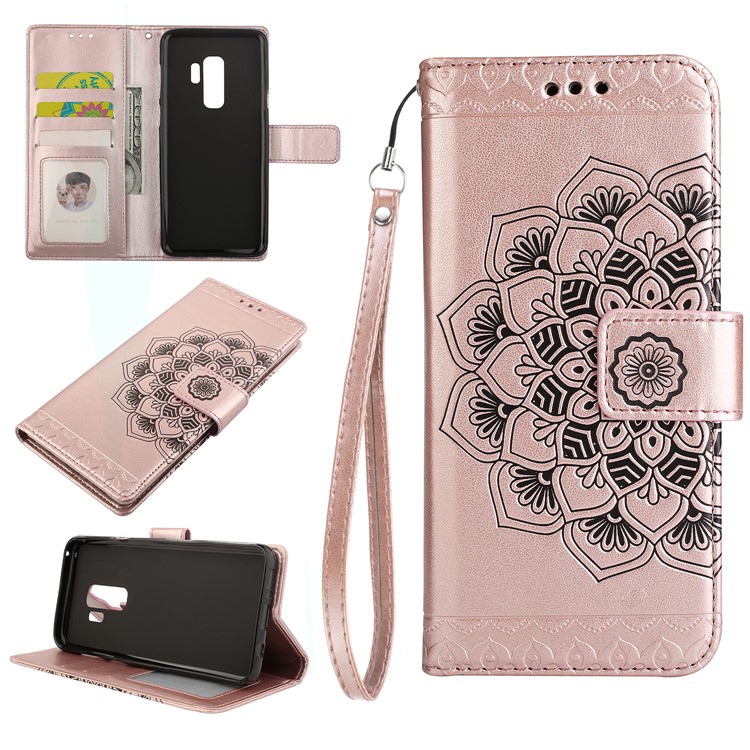 Imprinted Mandala Pattern Leather Wallet Casing with Stand for Samsung Galaxy S9+ SM-G965 - Rose Gold-1