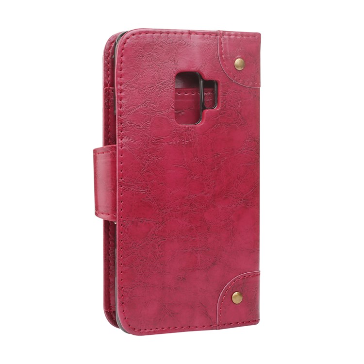5-Slot Vintage Oil Wax Leather Wallet Stand Cover for Samsung Galaxy S9 G960 - Red-2