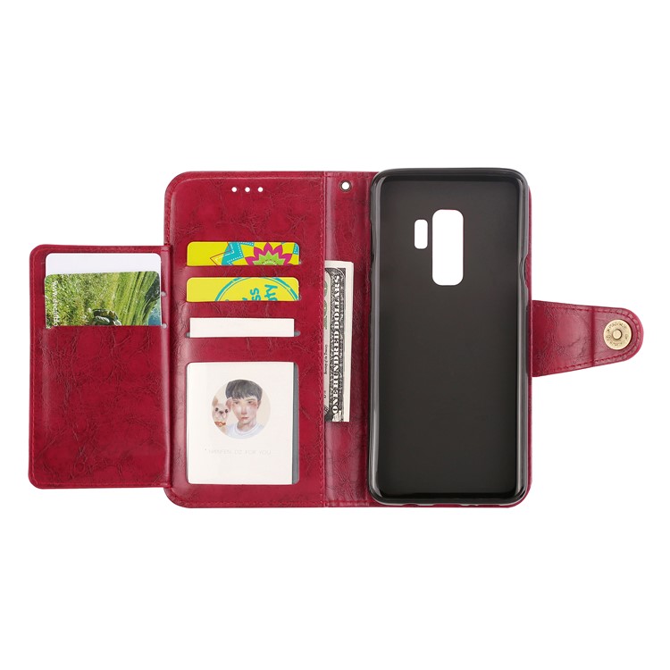 For Samsung Galaxy S9+ G965 5-Slot Vintage Oil Wax Leather Wallet Phone Cover - Red-7