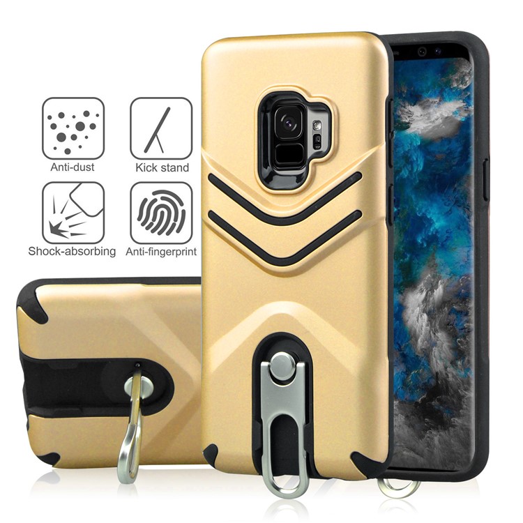 ANGIBABE Matte TPU + PC Hybrid Cell Phone Case with Metal Kickstand for Samsung Galaxy S9 SM-G960 - Gold-2
