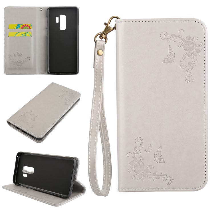 Imprint Butterfly Flower Magnetic Leather Card Holder Cover for Samsung Galaxy S9+ G965 - Grey-1