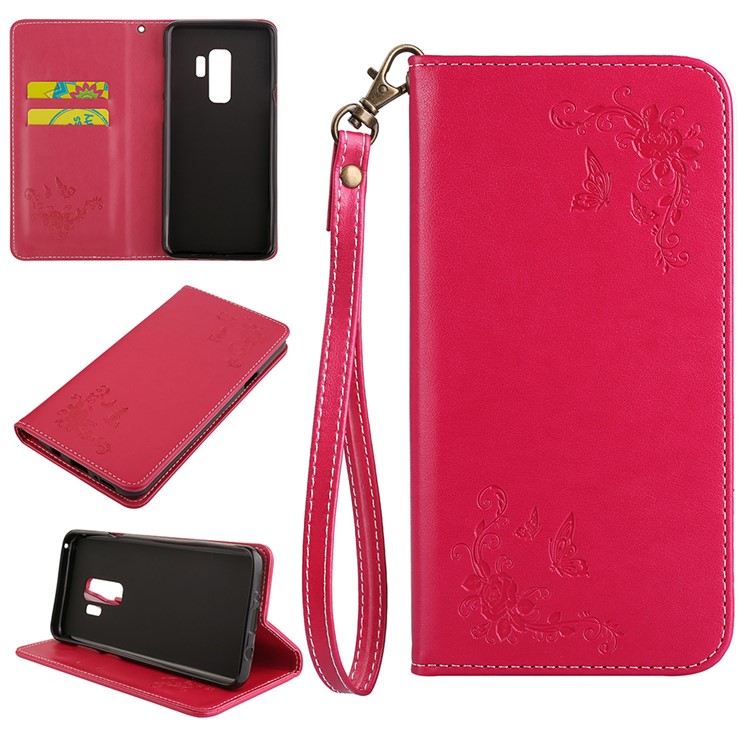 Imprint Butterfly Flower Auto-absorbed Leather Stand Shell Case for Samsung Galaxy S9+ G965 - Red-1