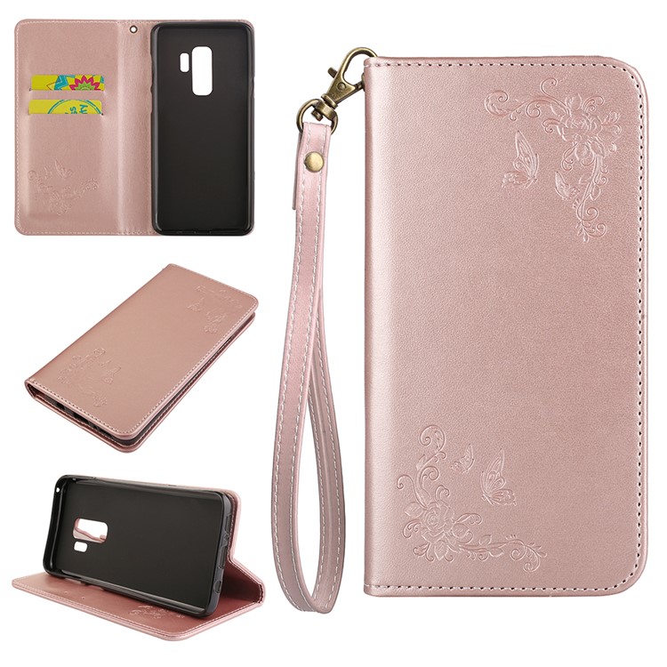 Imprint Butterfly Flower Magnetic Leather Stand Phone Case for Samsung Galaxy S9+ G965 - Rose Gold-1