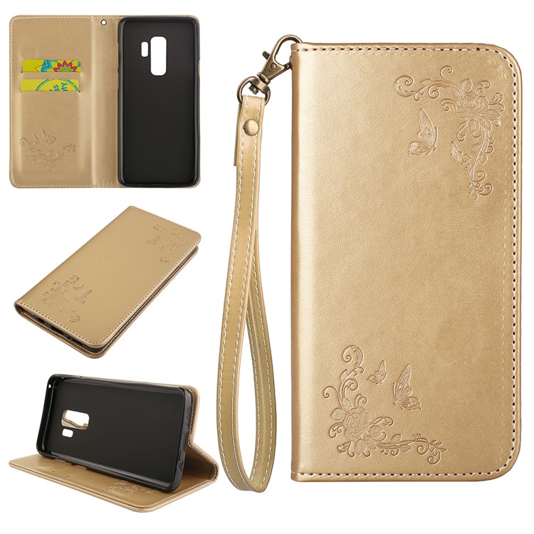Imprint Butterfly Flower Auto-absorbed Leather Mobile Case for Samsung Galaxy S9+ G965 - Gold-1