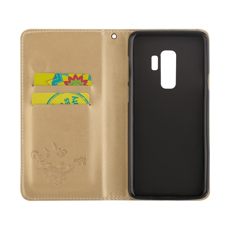 Imprint Butterfly Flower Auto-absorbed Leather Mobile Case for Samsung Galaxy S9+ G965 - Gold-6