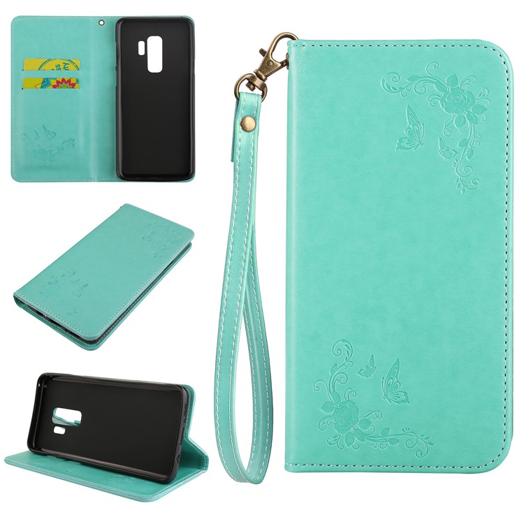 Imprint Butterfly Flower Magnetic Leather Case Accessory for Samsung Galaxy S9+ G965 - Cyan-1