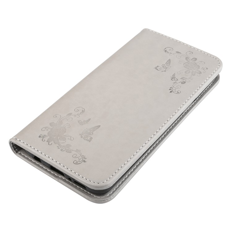 For Samsung Galaxy S9 G960 Imprint Flower Butterfly Leather Phone Cover with Card Holders - Grey-3