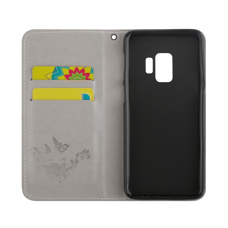 For Samsung Galaxy S9 G960 Imprint Flower Butterfly Leather Phone Cover with Card Holders - Grey-6