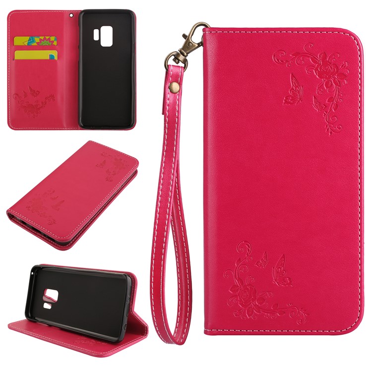For Samsung Galaxy S9 G960 Imprint Butterfly Flower Leather Cover Accessory with Card Holders - Red-1