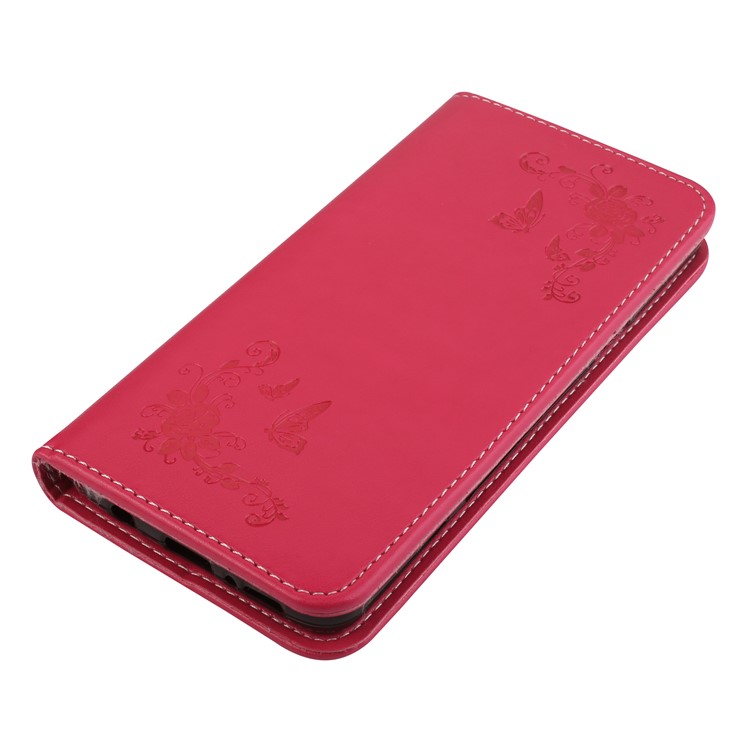 For Samsung Galaxy S9 G960 Imprint Butterfly Flower Leather Cover Accessory with Card Holders - Red-3