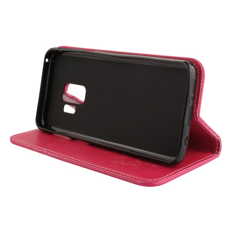 For Samsung Galaxy S9 G960 Imprint Butterfly Flower Leather Cover Accessory with Card Holders - Red-4
