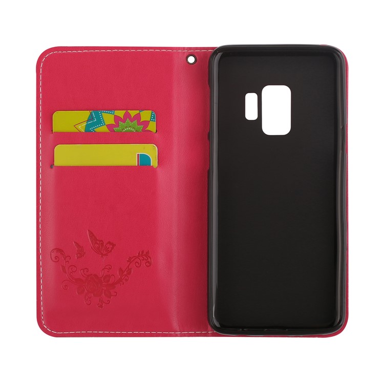 For Samsung Galaxy S9 G960 Imprint Butterfly Flower Leather Cover Accessory with Card Holders - Red-6