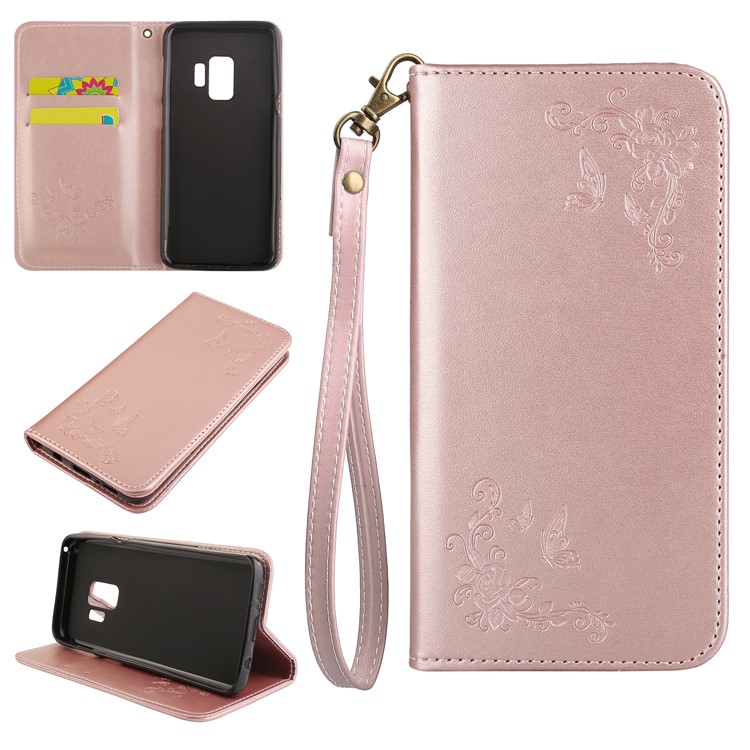 For Samsung Galaxy S9 G960 Imprint Butterfly Flower PU Leather Flip Casing with Card Holders - Rose Gold-1