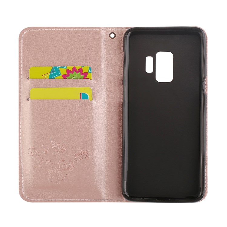 For Samsung Galaxy S9 G960 Imprint Butterfly Flower PU Leather Flip Casing with Card Holders - Rose Gold-6