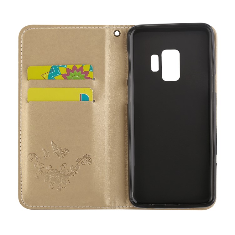 Imprint Butterfly Flower Leather Phone Case with Card Holders for Samsung Galaxy S9 G960 - Gold-6