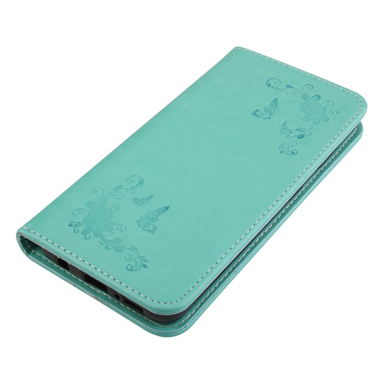 Imprint Butterfly Flower Leather Folio Case Accessory with Card Holders for Samsung Galaxy S9 G960 - Cyan-3