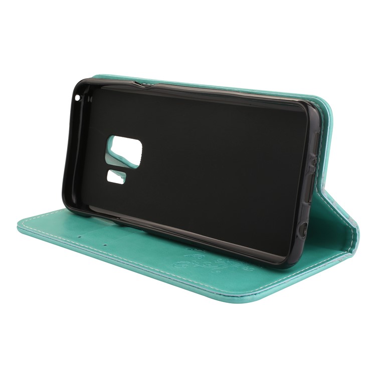 Imprint Butterfly Flower Leather Folio Case Accessory with Card Holders for Samsung Galaxy S9 G960 - Cyan-4