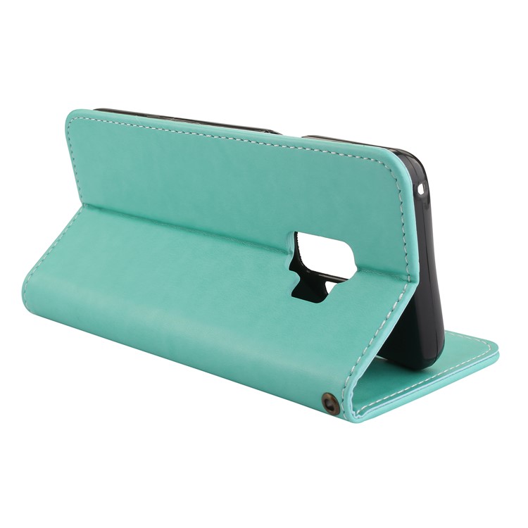 Imprint Butterfly Flower Leather Folio Case Accessory with Card Holders for Samsung Galaxy S9 G960 - Cyan-5