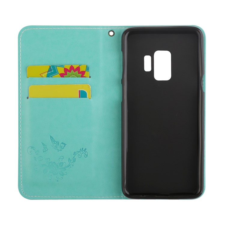 Imprint Butterfly Flower Leather Folio Case Accessory with Card Holders for Samsung Galaxy S9 G960 - Cyan-6