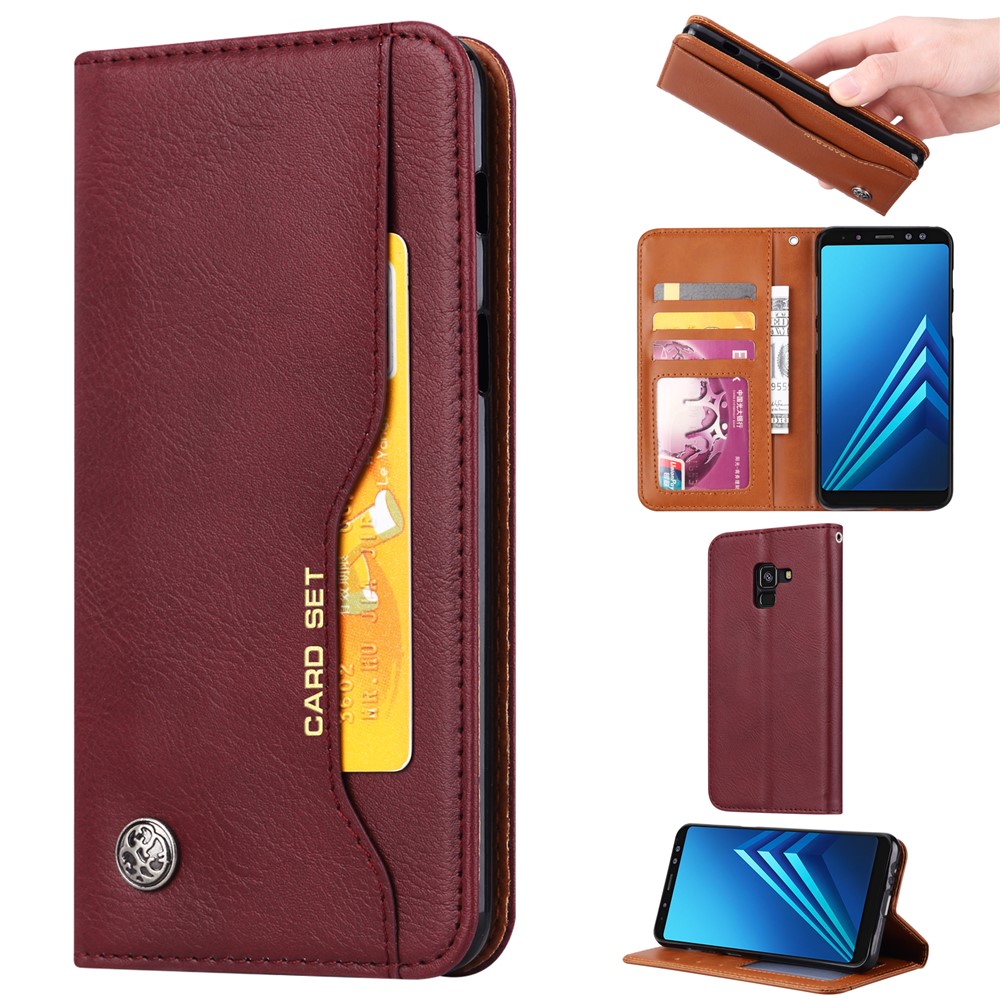 For Samsung Galaxy A8 (2018) PU Leather Wallet Stand Protective Case - Wine Red-1