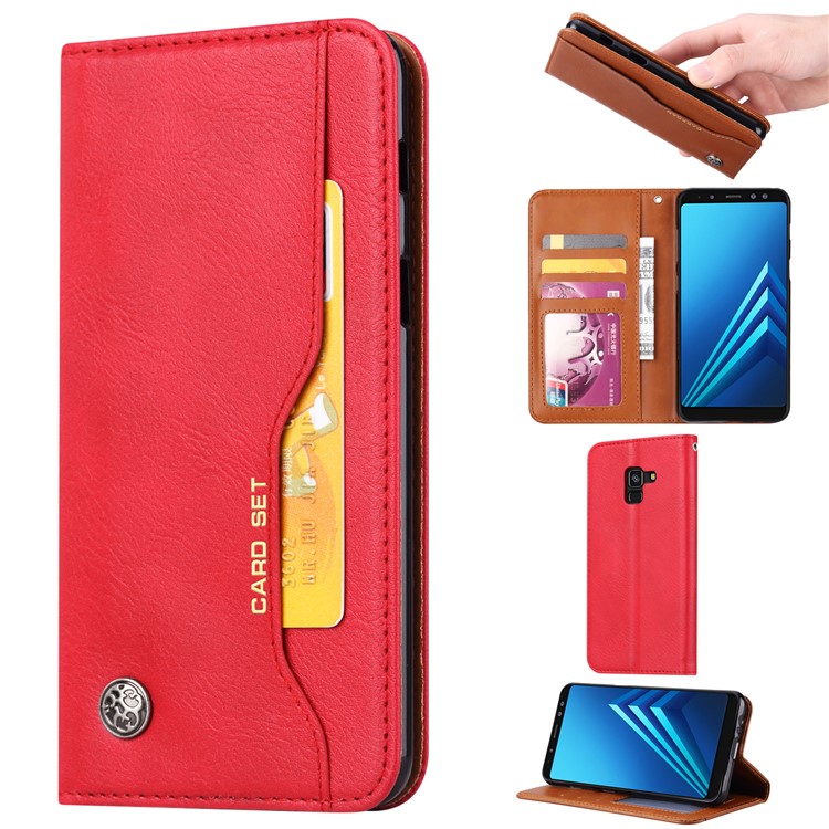 For Samsung Galaxy A8 Plus (2018) PU Leather Wallet Stand Protective Casing - Red-1