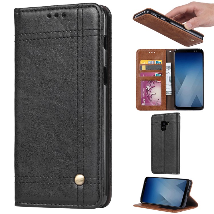 Vintage Leather Wallet Stand Auto-absorbed Phone Case for Samsung Galaxy A8 (2018) - Black-1