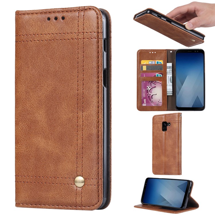 Vintage Leather Wallet Stand Auto-absorbed Mobile Cover for Samsung Galaxy A8 (2018) - Brown-1