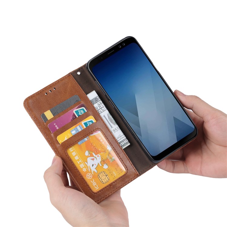 Vintage Leather Wallet Stand Auto-absorbed Mobile Cover for Samsung Galaxy A8 (2018) - Brown-7