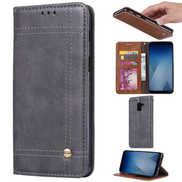 For Samsung Galaxy A8+ (2018) Vintage Leather Wallet Stand Cover with Magnetic Adsorption - Grey-1