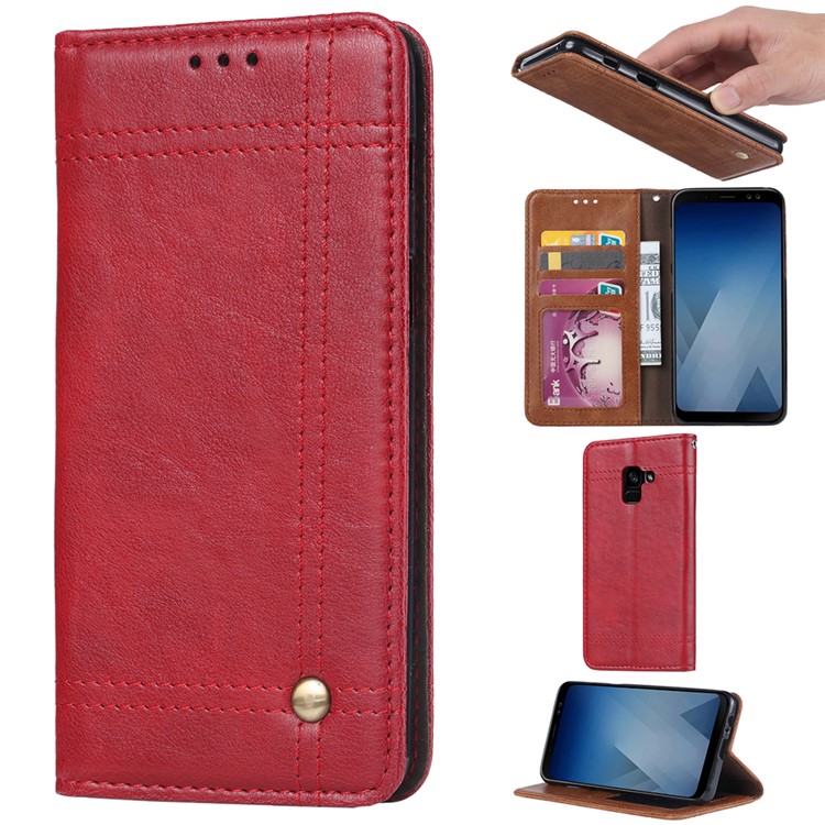 For Samsung Galaxy A8+ (2018) Vintage Leather Wallet Stand Shell with Magnetic Adsorption - Red-1
