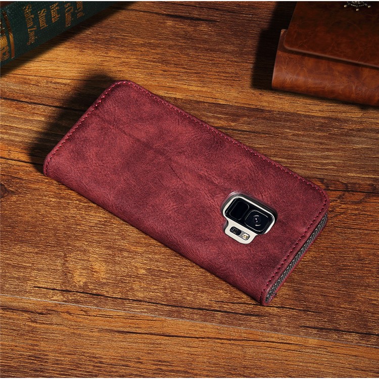 Vintage Flip Stand Leather Cell Phone Cover with Card Slot for Samsung Galaxy S9 SM-G960 - Wine Red-10