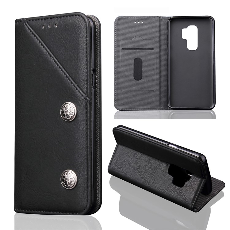Vintage Flip Stand Leather Cell Phone Case with Card Slot for Samsung Galaxy S9+ SM-G965 - Black-1