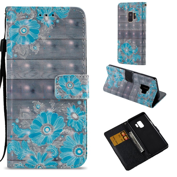 

Pattern Printing Leather Wallet Stand Cover Shell for Samsung Galaxy S9 G960 - Blue Flower