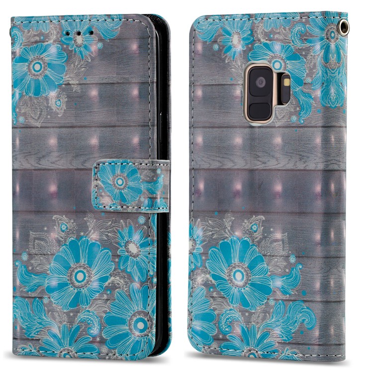 Pattern Printing Leather Wallet Stand Cover Shell for Samsung Galaxy S9 G960 - Blue Flower-3