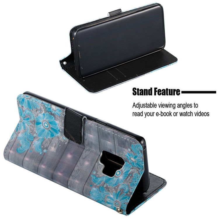 Pattern Printing Leather Wallet Stand Cover Shell for Samsung Galaxy S9 G960 - Blue Flower-4