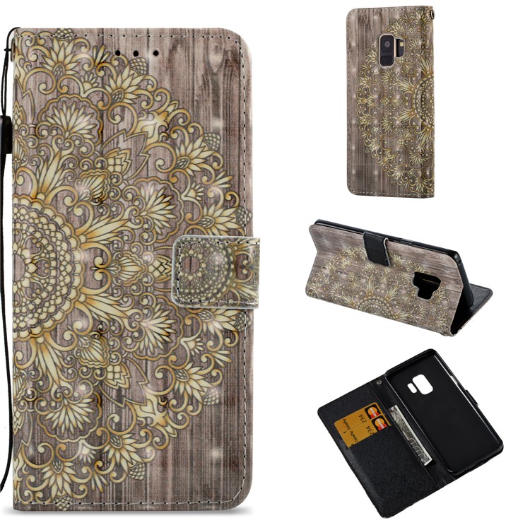 For Samsung Galaxy S9 G960 Patterned PU Leather Wallet Stand Mobile Phone Case - Gold Flower-1