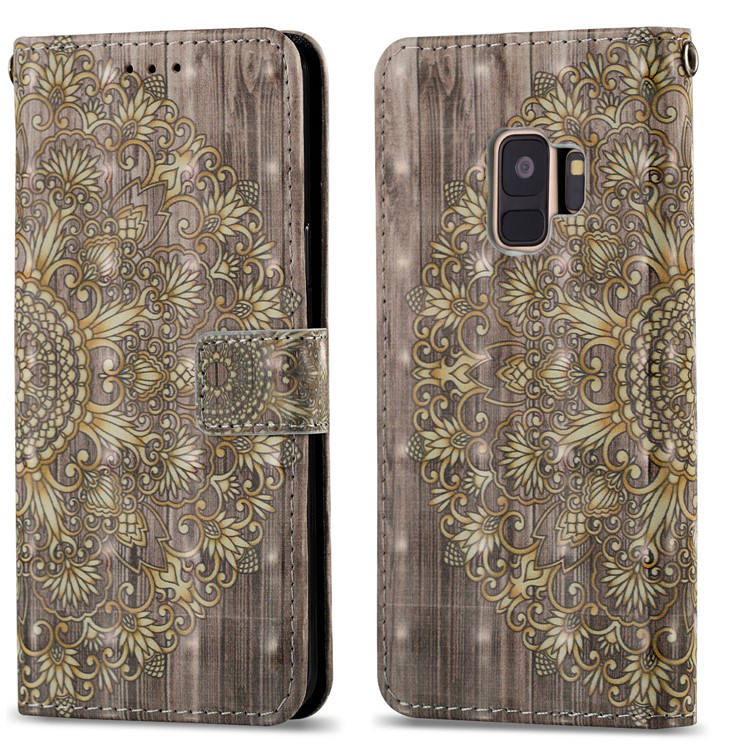For Samsung Galaxy S9 G960 Patterned PU Leather Wallet Stand Mobile Phone Case - Gold Flower-4
