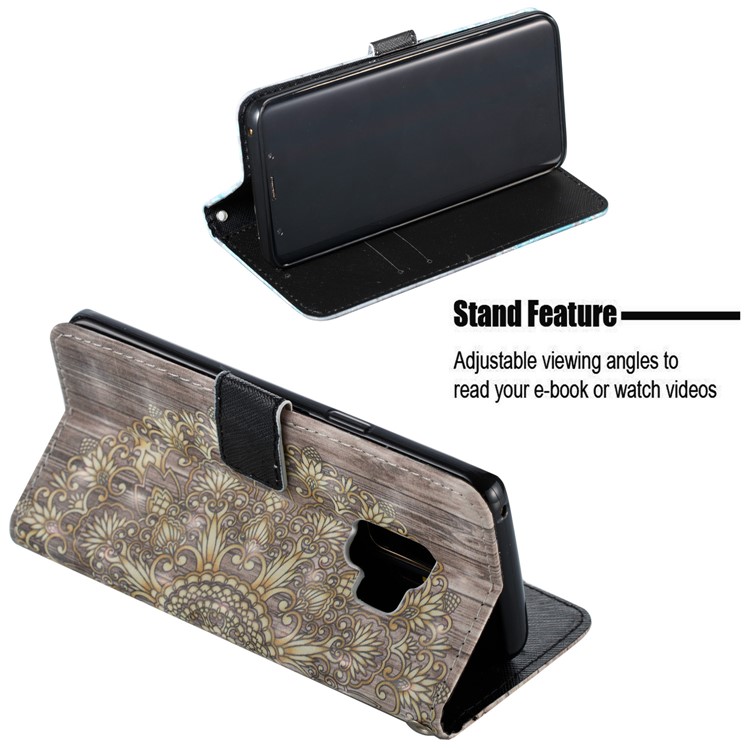 For Samsung Galaxy S9 G960 Patterned PU Leather Wallet Stand Mobile Phone Case - Gold Flower-5