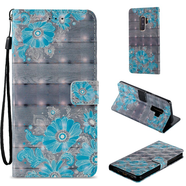 Pattern Printing Leather Wallet Protection Flip Cover for Samsung Galaxy S9+ G965 - Blue Flower-1