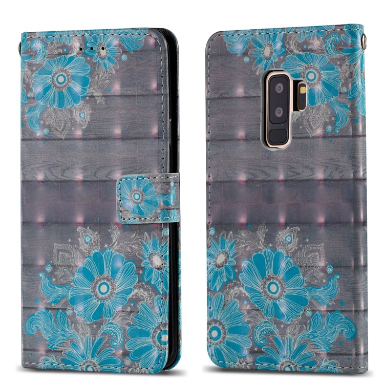 Pattern Printing Leather Wallet Protection Flip Cover for Samsung Galaxy S9+ G965 - Blue Flower-4