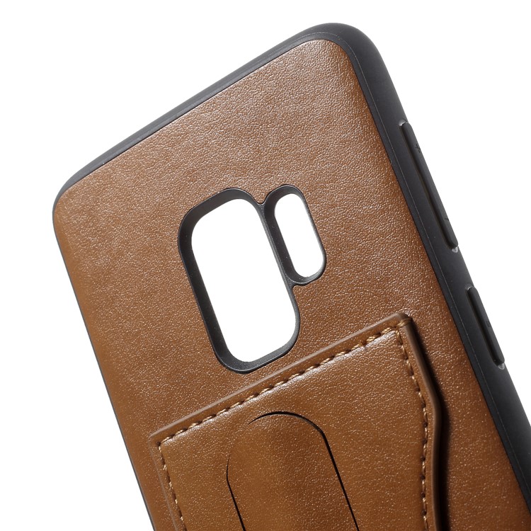 COBLUE Hybrid Leather Coated PC + TPU Kickstand Phone Shell for Samsung Galaxy S9 SM-G960 - Brown-5