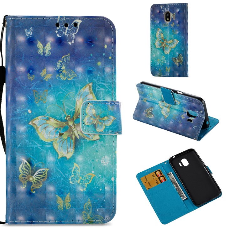 Leather Magnetic Wallet Stand Card Slots Protection Shell Case for Samsung Galaxy J2 Pro 2018 - Gold and Blue Butterfly-1