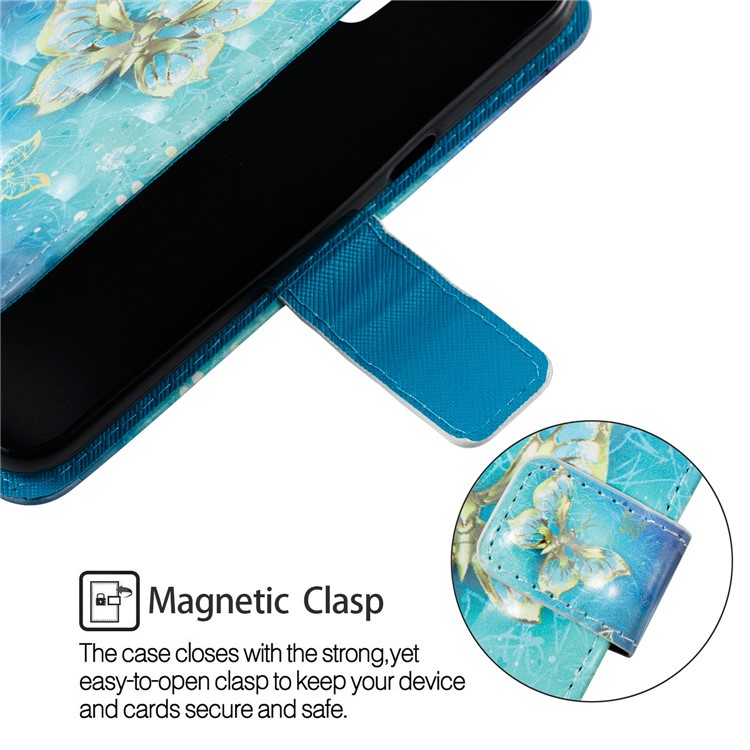 Leather Magnetic Wallet Stand Card Slots Protection Shell Case for Samsung Galaxy J2 Pro 2018 - Gold and Blue Butterfly-6
